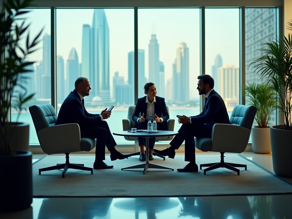 Three business professionals in a meeting with a city skyline in the background.