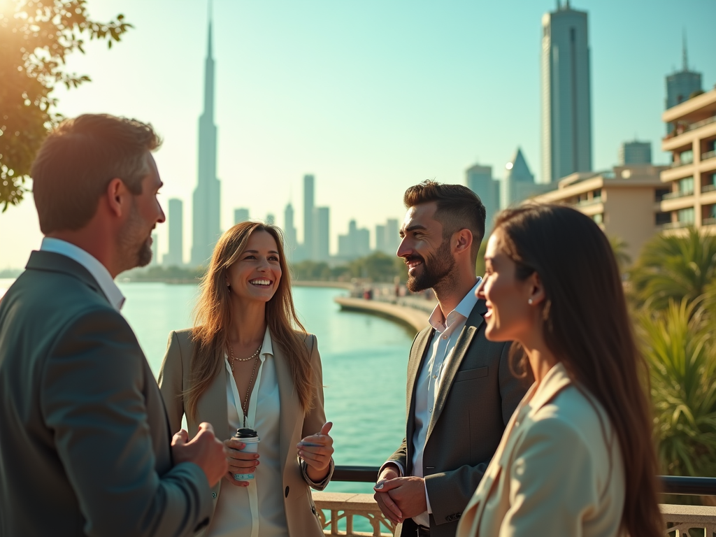 Four professionals chatting by a waterfront with city skyline in the background.