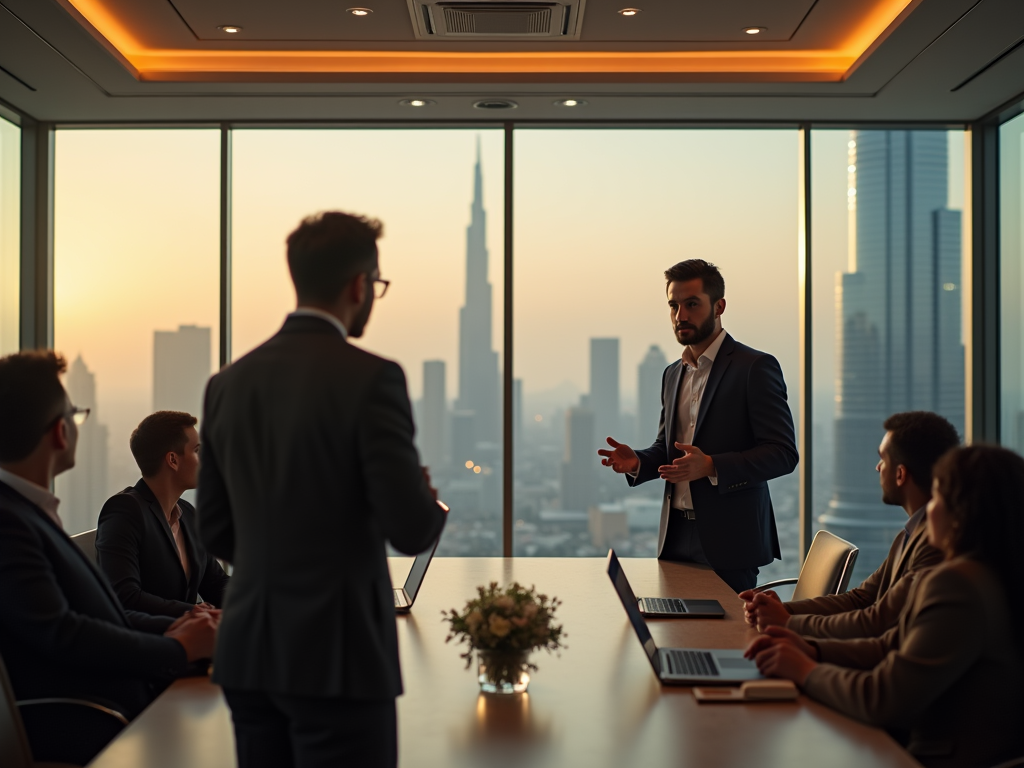 Business meeting in a high-rise office with city skyline at sunset, one man speaking to a group around a table.