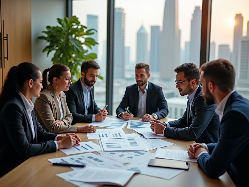 Business professionals discussing documents in a modern office at sunrise with city skyline in background.