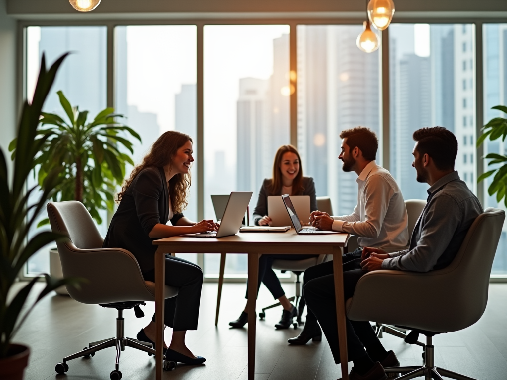 Four professionals in a meeting at a table with laptops in a high-rise office with city views.