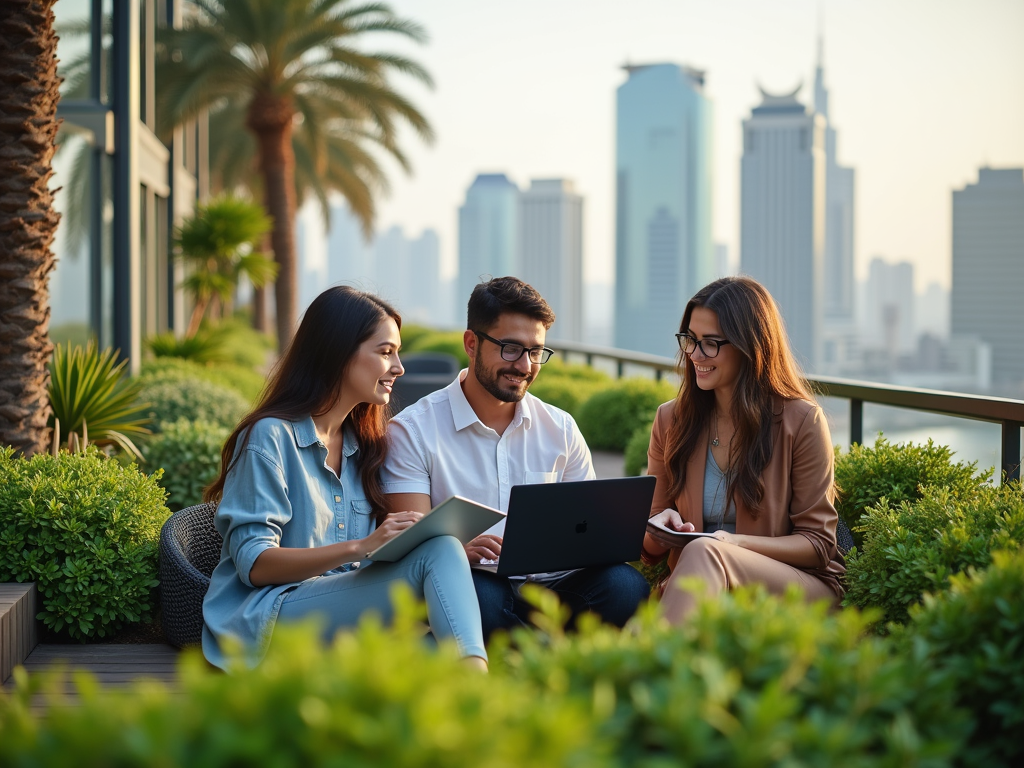 Three professionals discussing with a laptop in an urban garden with city skyline in the background.