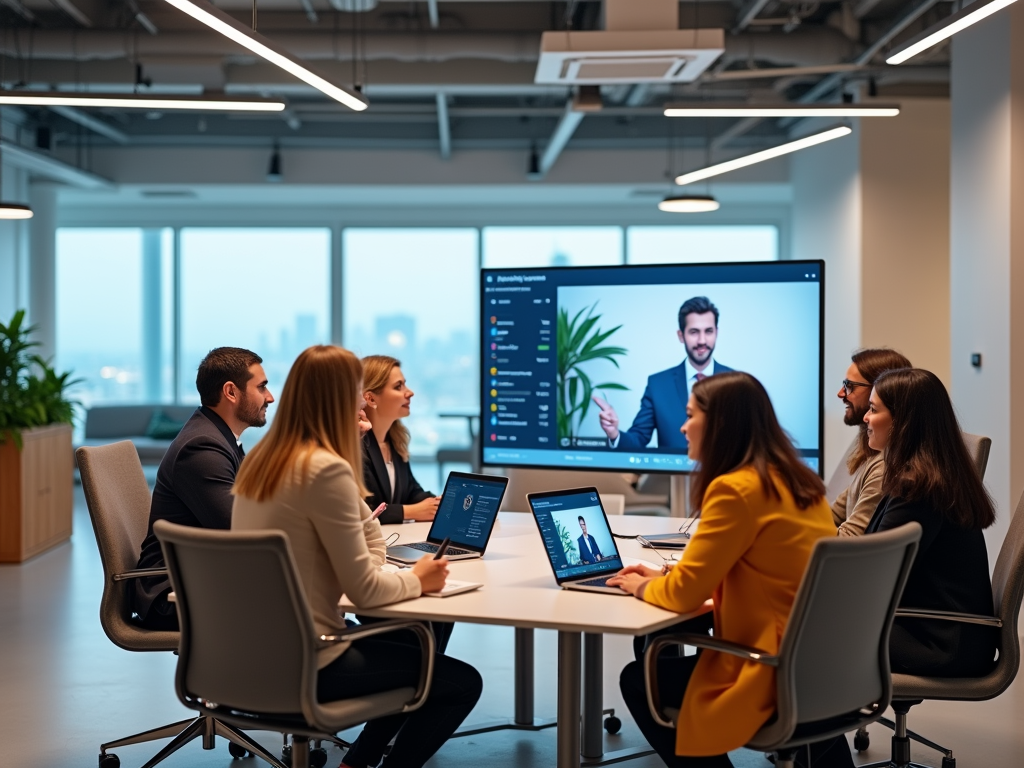 Team of professionals in a meeting room engaging with a colleague via video call on a monitor.