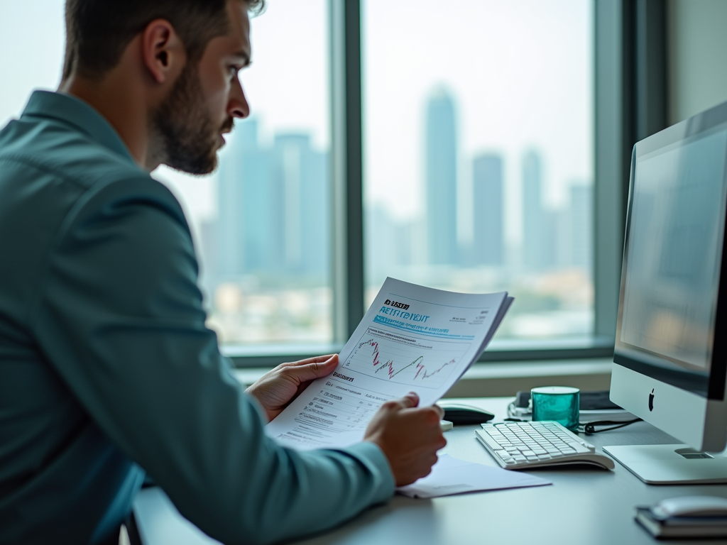 Man in office analyzes financial document with cityscape background.