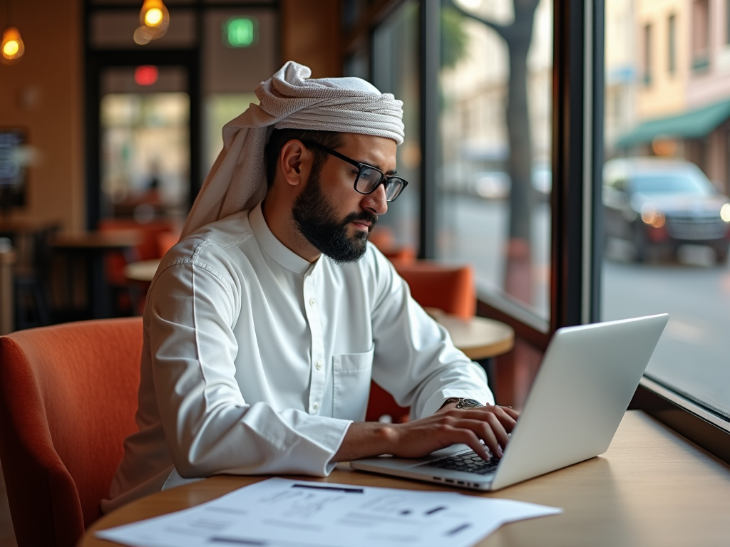 Man in traditional Emirati attire using laptop in a café.