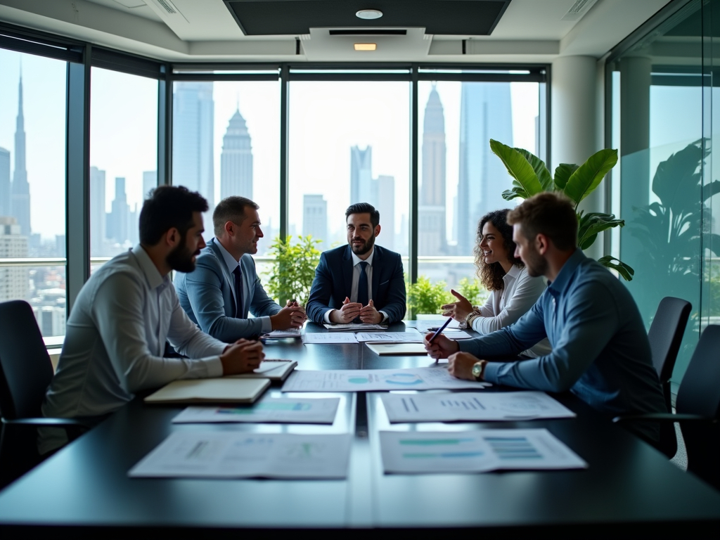 Business professionals discussing around a table with city skyline in background.