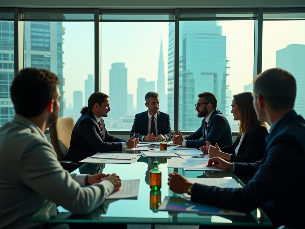 Business professionals discussing around a table in a modern office with cityscape background.