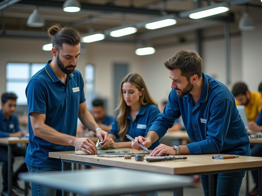 Three people in blue shirts focusing intently on assembling machinery in a classroom setting.