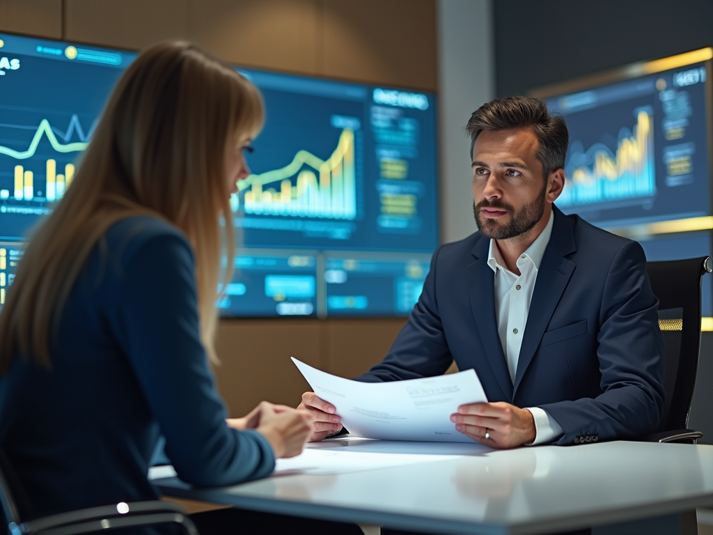 Two professionals discussing documents in a modern office with digital financial graphs in the background.