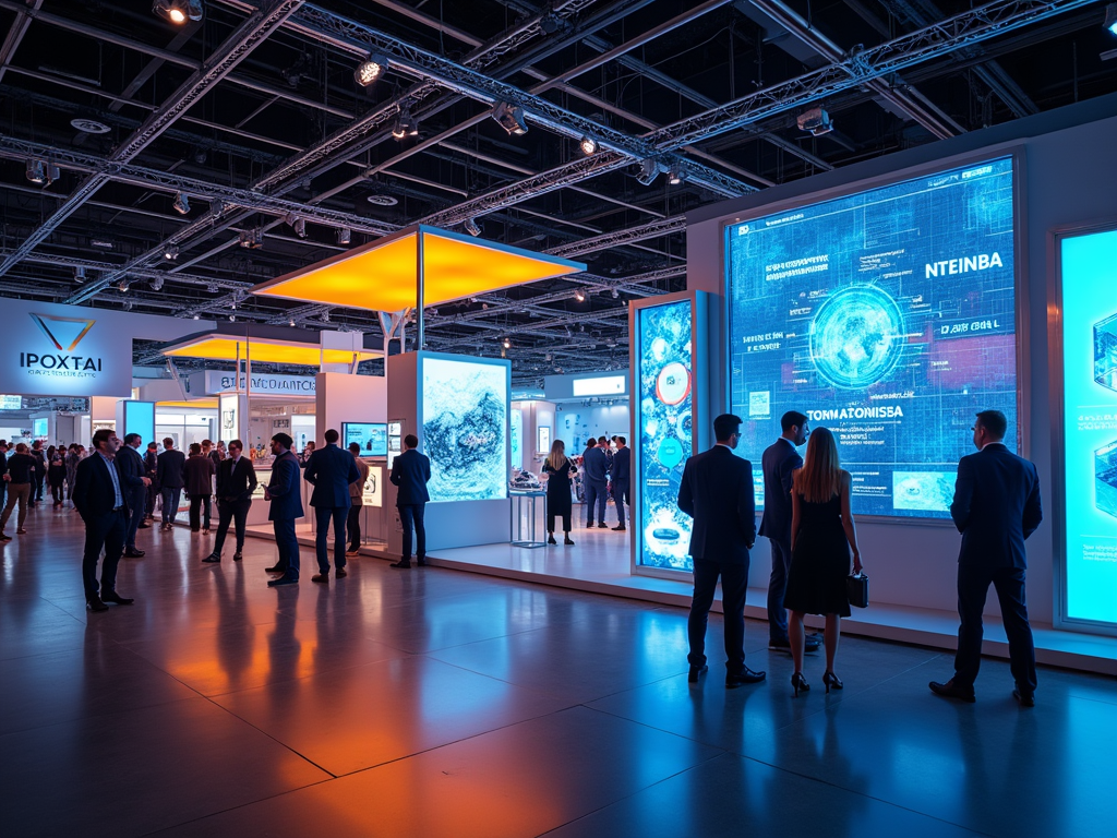 People at a tech expo viewing large displays with futuristic digital content.