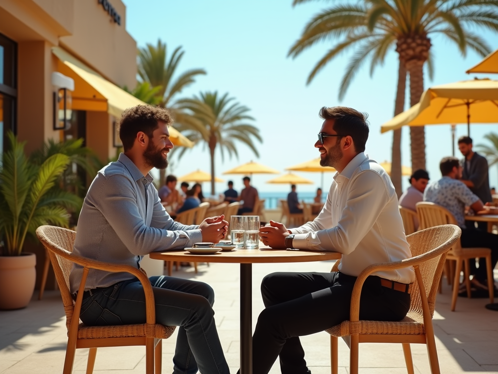 Two men enjoying a conversation at a sunlit outdoor cafe with palm trees in the background.