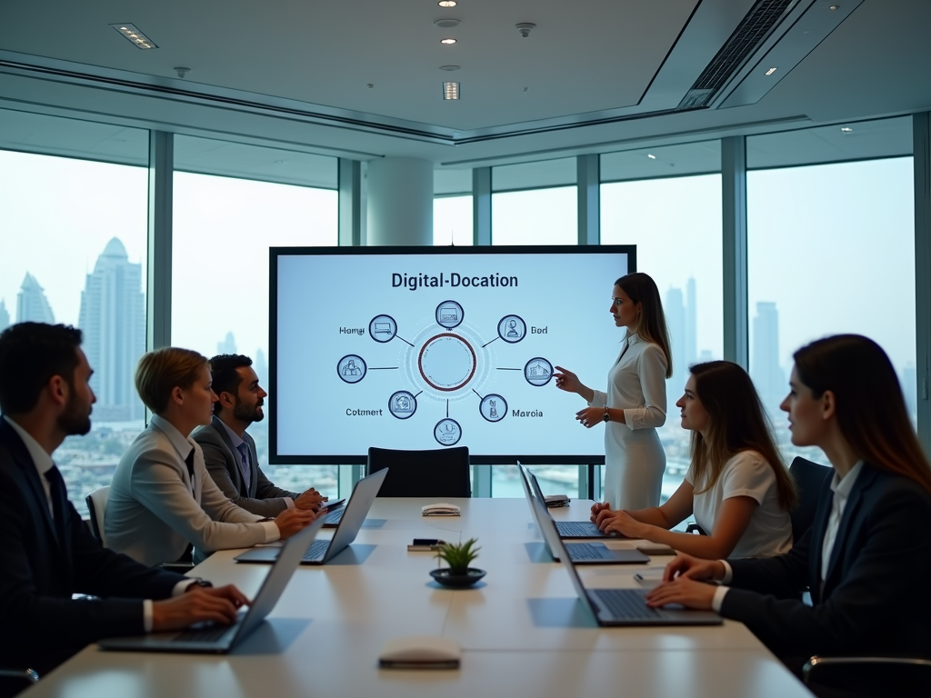 Woman presents Digital-Dolocation chart to attentive colleagues in modern boardroom.