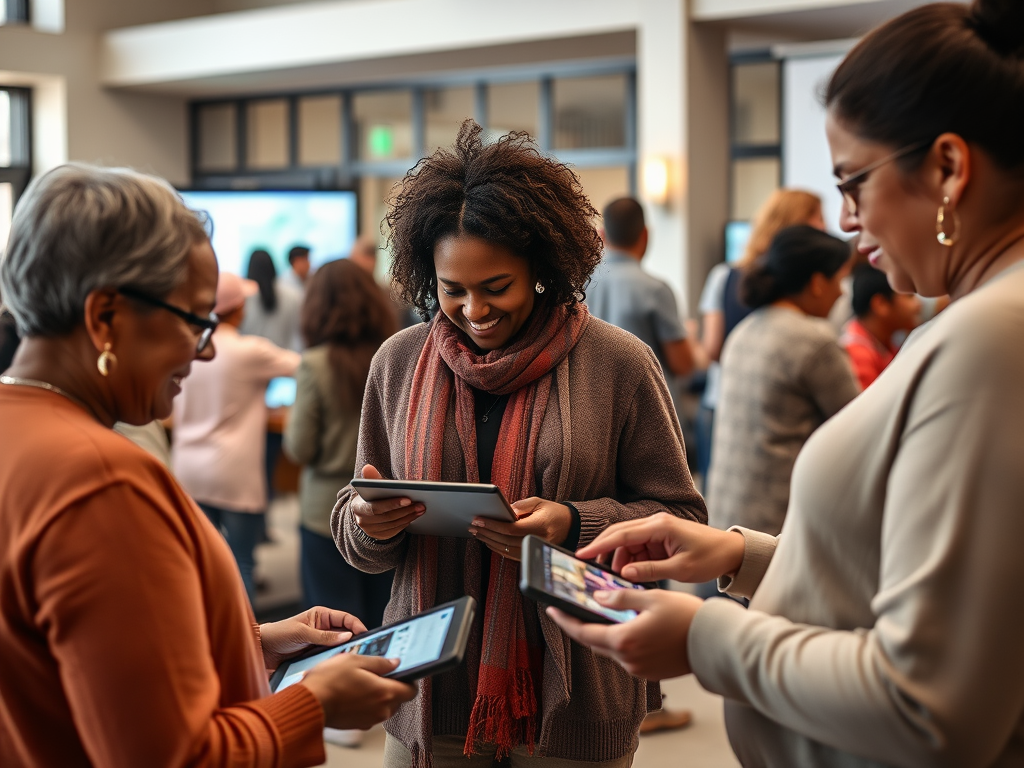 A group of women engage with tablets in a lively community space, sharing ideas and enjoying each other's company.