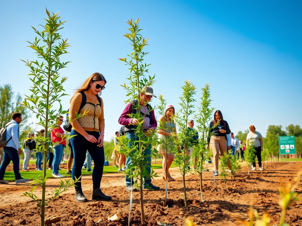 People planting trees in a sunny outdoor area, engaged in an environmental activity.