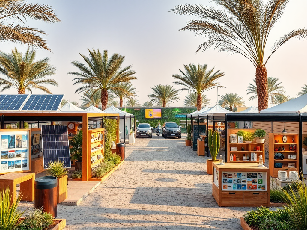 A sunny outdoor market with wooden stalls displaying solar panels and various products, lined with palm trees.