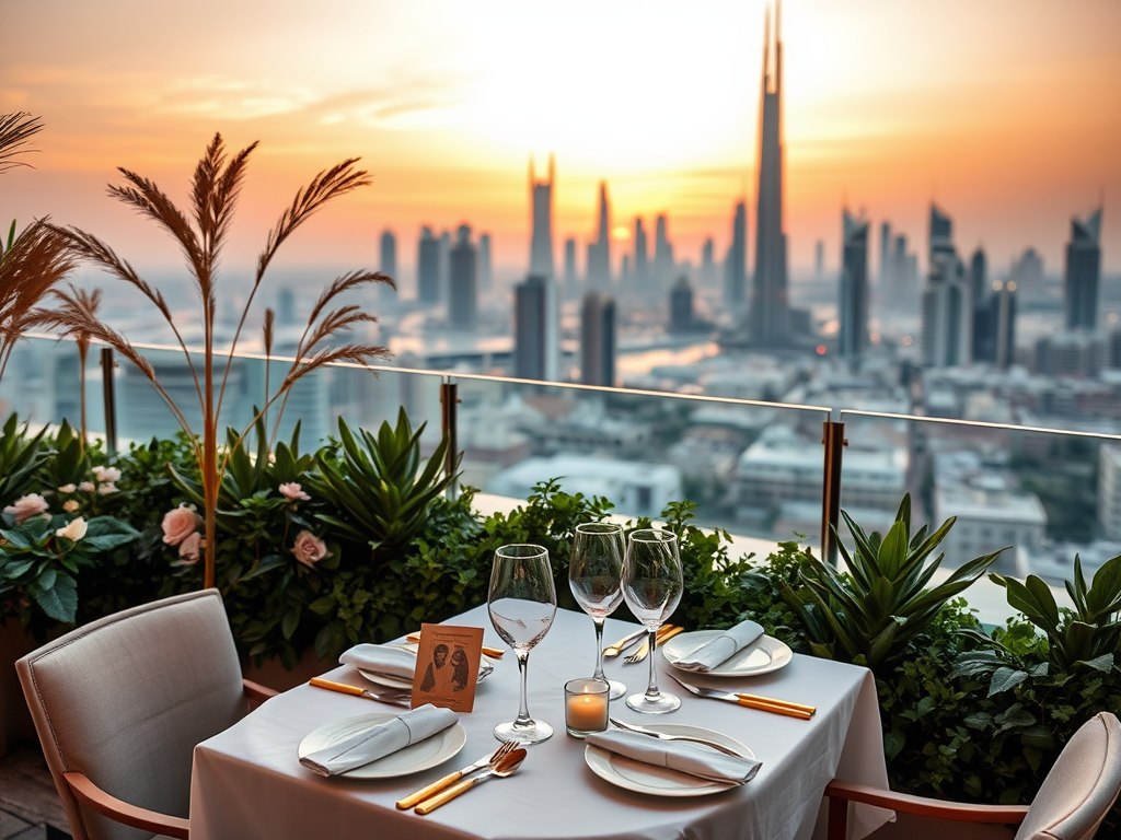 A romantic dinner setup on a balcony, with the city skyline and sunset in the background. Elegant dining and flowers.