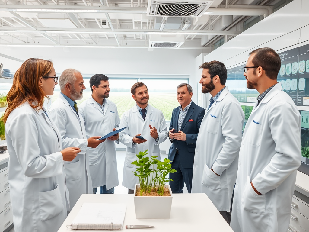 A team of scientists in lab coats discusses research in a modern lab with plants and digital displays in the background.