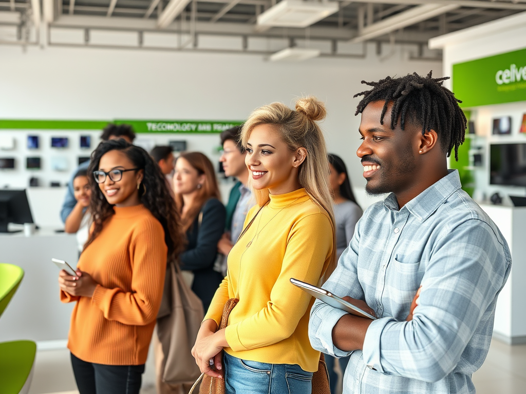 A diverse group of people smiles while watching a presentation in a modern tech store. The atmosphere is engaging and lively.