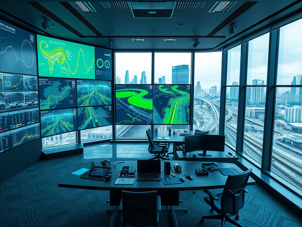 A modern office with multiple screens displaying data analytics and city views through large windows.