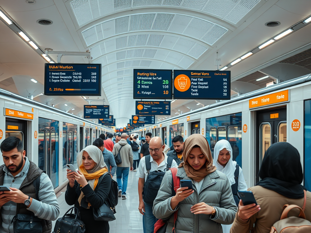 A bustling subway station in Dubai with commuters checking their phones, illuminated signage, and modern architecture.