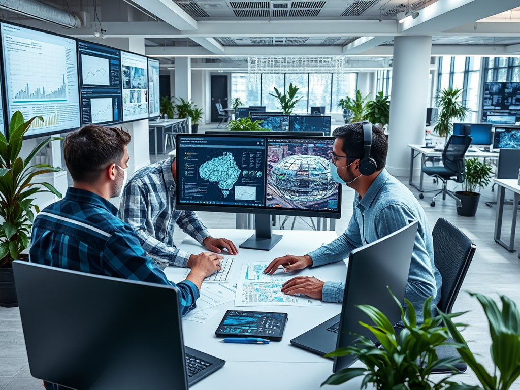 A diverse team collaborates at a modern office, analyzing data on multiple screens with plants surrounding them.