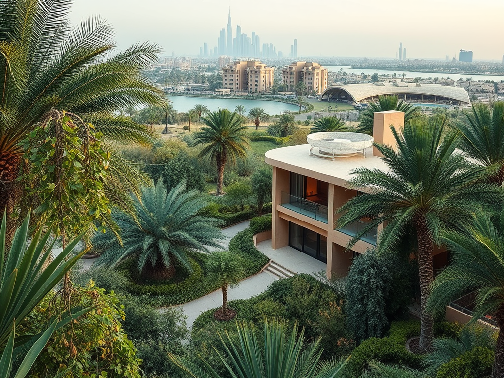 A modern house surrounded by lush greenery and palm trees, with a city skyline visible in the background.