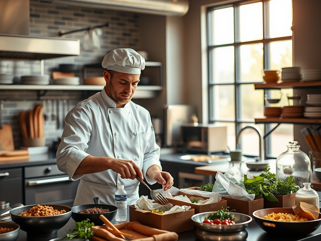 A chef in a professional kitchen prepares ingredients and dishes, surrounded by various cooking tools and fresh produce.