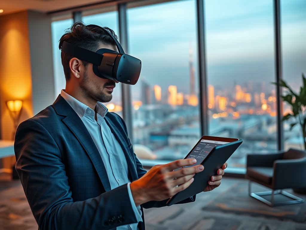 A man in a suit using a tablet while wearing a VR headset, with a city skyline view behind him at dusk.