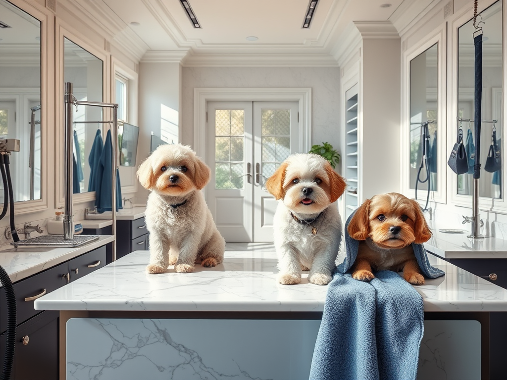 Three adorable dogs sit on a marble countertop in a bright grooming room, with towels and grooming tools nearby.