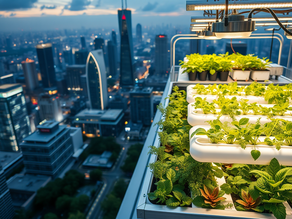 A rooftop garden with vibrant green plants overlooks a city skyline at dusk, showcasing urban agriculture.