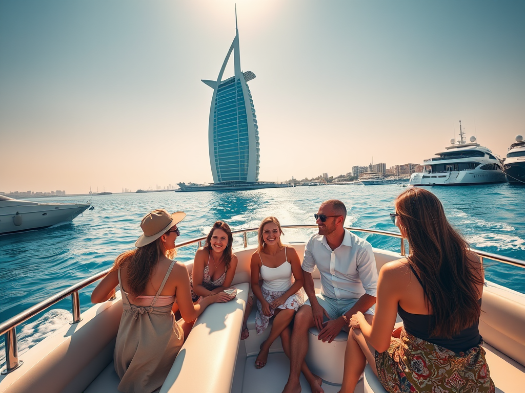 A group of friends enjoying a boat ride with the Burj Al Arab in the background and luxury yachts nearby.