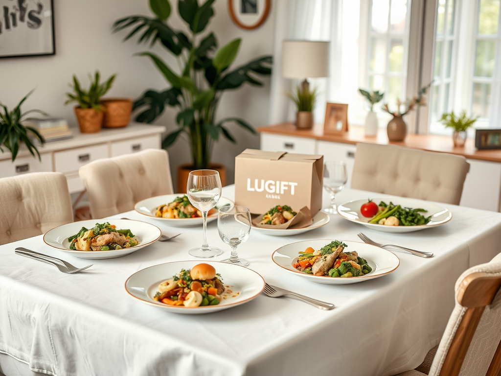 A beautifully set dining table with multiple plates of colorful dishes and a takeout box in a cozy room.