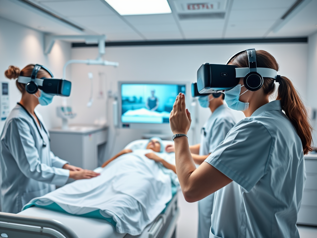 Three medical professionals in scrubs and masks use virtual reality headsets in a hospital room. A patient lies on a bed.