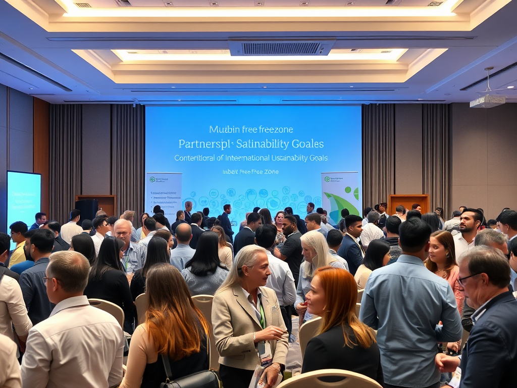 A crowded conference room with people networking, featuring a presentation on sustainability goals in the background.