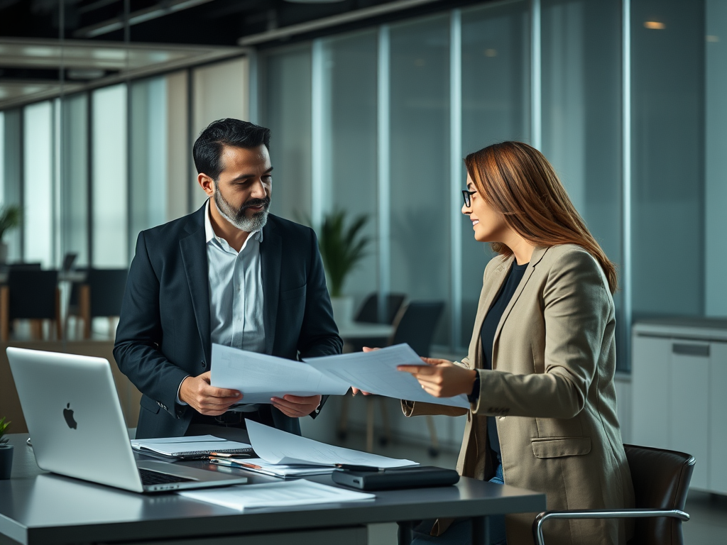 Two professionals engage in discussion over document papers in a modern office setting, with a laptop on the table.